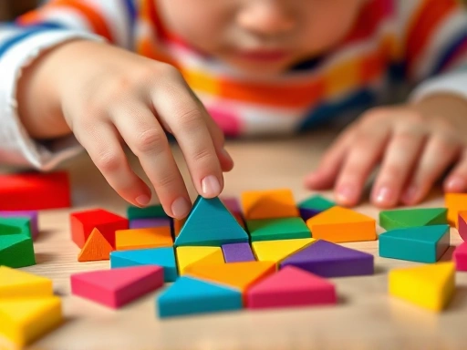Close-up shot of a child's hands arranging colorful geometric blocks to form patterns, focusing on the tactile interaction and the shapes, illustrating spatial reasoning development and mathematical understanding.