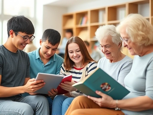 A diverse group of people of all ages (children, teens, adults, seniors) happily engaged in learning activities, some using tablets, others reading books, in a bright, modern learning center, emphasizing education costs and learning effectiveness.