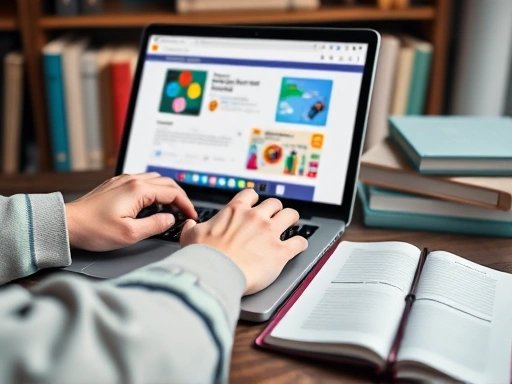 Close-up of hands typing on a laptop with an online learning platform visible, surrounded by textbooks and a notebook, emphasizing focused self-study and smart learning.