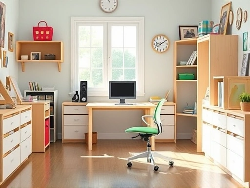 A brightly lit, organized study room for an elementary school child, featuring an adjustable desk, ergonomic chair, and calm color scheme, promoting focus and learning.