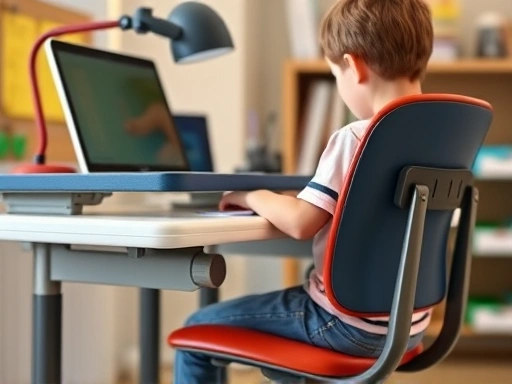 Close-up of an elementary student's ergonomic desk setup with a height-adjustable chair, proper lighting, and neatly organized study materials, emphasizing comfort and efficiency.