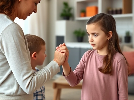 A worried parent gently holding their elementary school child's hand, comforting them in a home setting, expressing empathy and support.