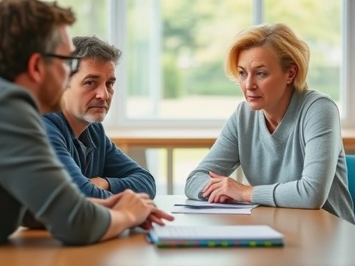 Close-up of a parent and a school counselor sitting across a table, looking concerned and discussing a serious issue with open communication.