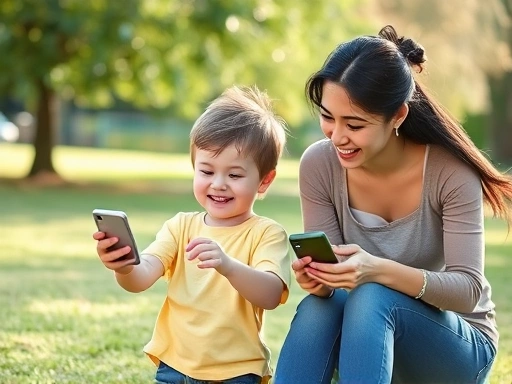A child (elementary school age) and parent happily engaging in an outdoor activity like playing in a park, with no smartphones visible, emphasizing family bonding and healthy alternatives to screen time.