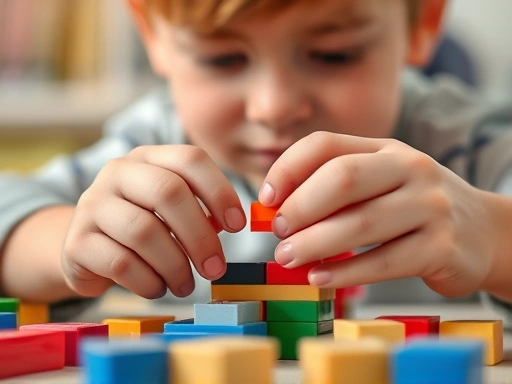 Close-up of a child's hands crafting or building something with blocks, demonstrating focused, hands-on activity, contrasting with screen interaction, highlighting engagement and creativity.