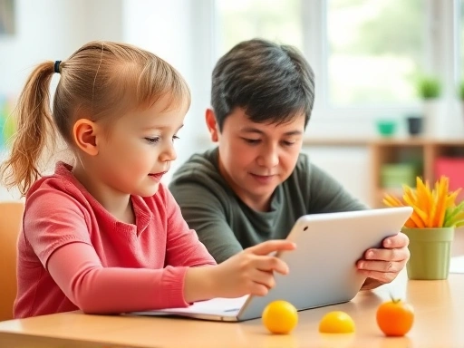 A child, possibly elementary school age, sitting at a desk with a tablet, engaged in an educational activity, with a parent gently guiding them. The setting is bright and conducive to learning, showing a balance of technology and healthy habits.