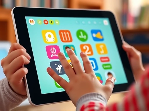 A close-up of a tablet screen displaying a colorful educational app, with a child's hands interacting with it. The background shows a blurry but warm learning environment, emphasizing digital learning tools and user engagement.