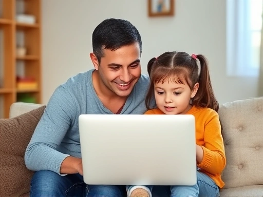 A caring parent sits with their elementary school child, looking at a laptop together, symbolizing seeking help for school adjustment issues. The scene is warm and supportive, with a focus on connection and finding solutions.