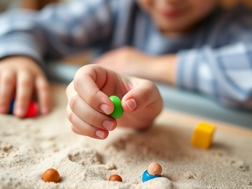 Close-up of a child's hand holding a small, colorful toy in a sand tray, subtly suggesting play therapy during a counseling session. The focus is on the child's engagement and expression.