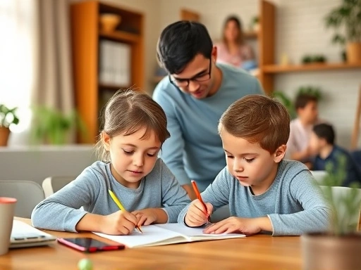 A warm, diverse family atmosphere with an elementary school student happily doing homework at a neat desk, while a parent gently assists. Focus on learning and growth in a home setting.