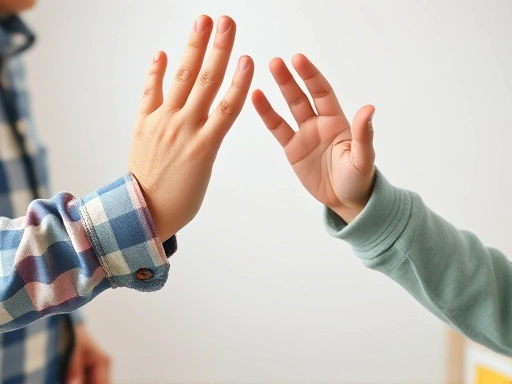 Close-up of a parent and child's hands high-fiving or building something together, symbolizing cooperation and parental involvement in elementary education and shared activities.