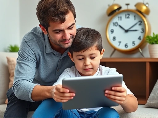 A concerned parent guides an elementary school child using a learning app on a tablet, with a clock subtly in the background indicating time management. Focus on smart use and learning, not addiction. SEO keywords: learning app time management, elementary student screen time.
