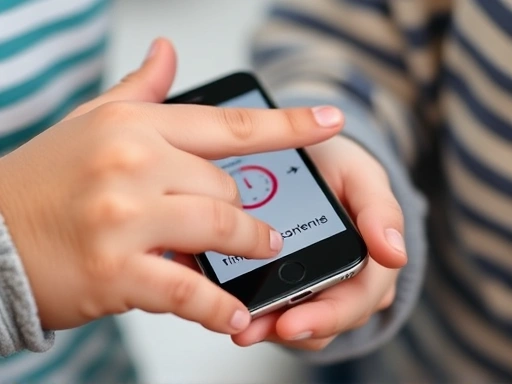 Close-up of a parent's hand gently touching a child's hand while setting a timer on a smartphone, symbolizing guided control and agreement for learning app usage. SEO keywords: digital parenting tools, child learning app control.