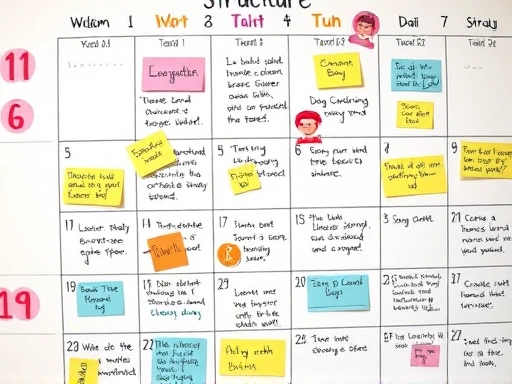 A close-up shot of a well-organized learning calendar filled with colorful stickers and clear handwritten tasks, emphasizing structure and routine.