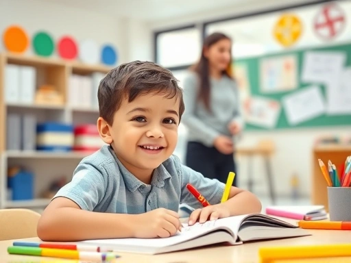 An elementary school child happily engaged in learning at a modern, bright academy classroom, with diverse learning tools and a supportive teacher in the background. Focused, positive atmosphere.
