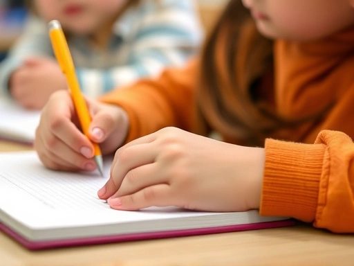 Close-up of a child's hand holding a pen, writing in a workbook, with a teacher's encouraging hand gently guiding. Focus on the learning process and interaction in an elementary academy.