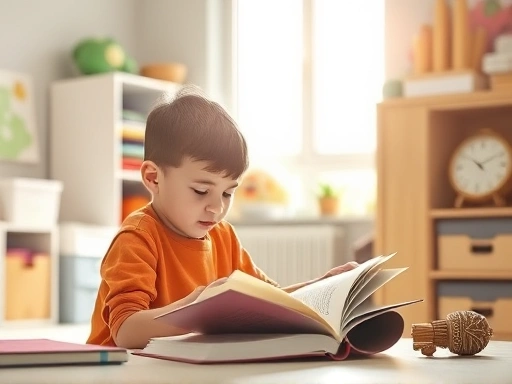 A brightly lit, tidy study space with a focused elementary school child reading a book, soft sunlight filtering through a window, symbolizing concentration and a conducive learning environment for young learners.