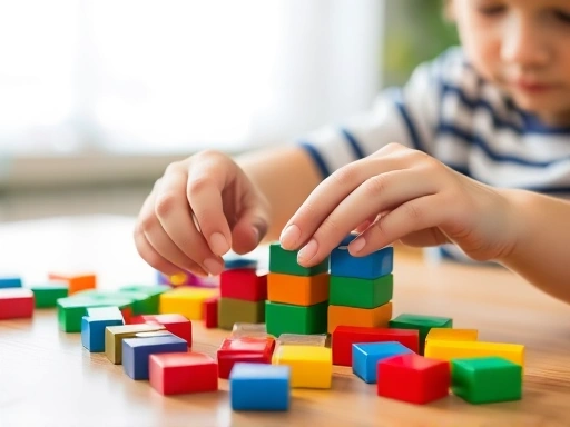 Close-up of a child's hands carefully assembling colorful building blocks on a wooden table, with a blurred background, illustrating focused play and fine motor skill development for elementary students.