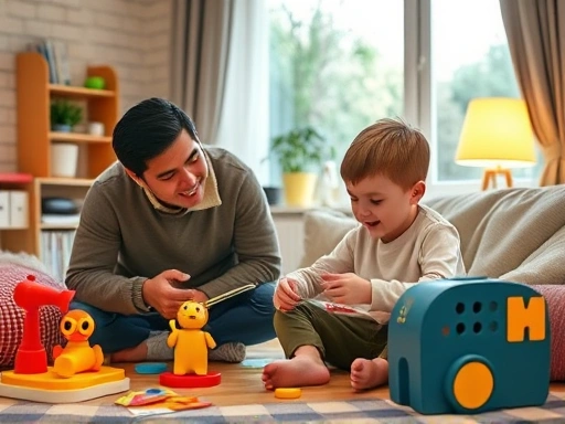 A brightly lit, cozy living room scene with a 7-year-old child happily engaged in a creative learning activity with a parent, surrounded by colorful educational toys and books.