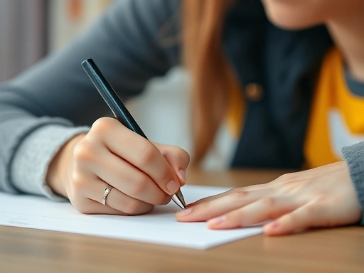 Close-up shot of a parent gently guiding a child's hand while writing, showing patience and encouragement in a supportive learning environment.