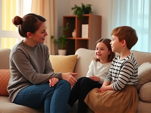 A peaceful family scene in a living room, with a mother gently mediating a disagreement between two children of different ages, focusing on communication and understanding. Warm lighting, comfortable setting, conveying harmony and resolution.
