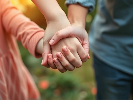 Close-up of a parent's hands holding two children's hands, symbolizing reconciliation and guidance after a disagreement. Soft focus, warm light, emphasis on connection and support for family harmony.