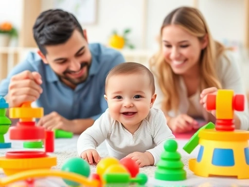 A joyful 12-month-old baby engaged in various stimulating play activities, surrounded by colorful and safe toys, with parents smiling and interacting, emphasizing cognitive and motor skill development.