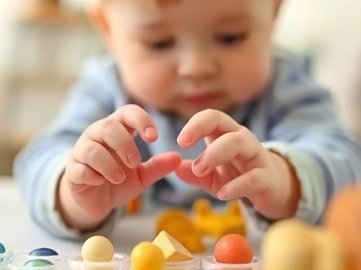 Close-up of a baby's hands exploring different textures or shapes, illustrating fine motor skill development through play, with blurred, soft background elements suggesting a nurturing home environment.