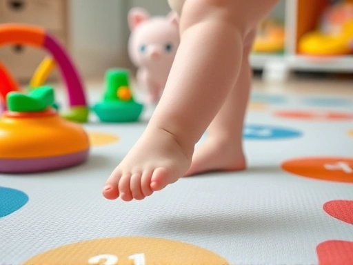Close-up of a baby's bare feet confidently walking on a textured play mat indoors, surrounded by colorful developmental toys, emphasizing grip and balance, gross motor skills.