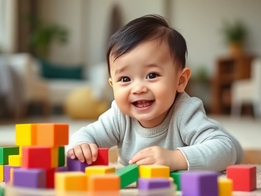 A cheerful 18-month-old baby enjoying sensory play with colorful blocks, with soft light and a cozy home environment, promoting playful development.
