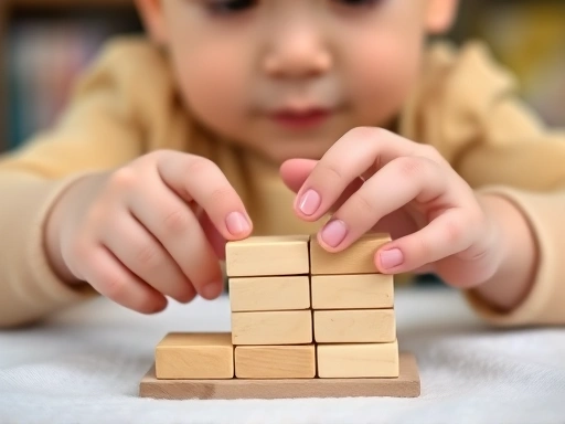Close-up of an 18-month-old baby's hands engaged in fine motor play, precisely stacking small, soft blocks, with a blurred background showing developmental progress.