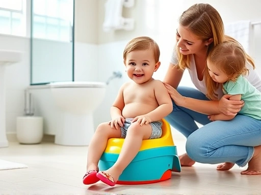 A 2-year-old child happily sitting on a colorful potty training toilet, with a parent gently encouraging them in a bright, friendly bathroom, focusing on the child's readiness for potty training.