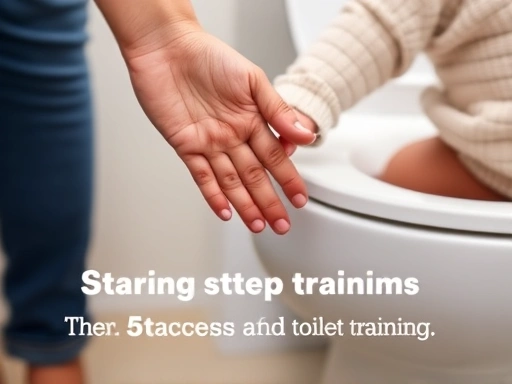 Close-up of a parent's hand gently guiding a child's hand towards a potty, illustrating support and the five-step guide for successful toilet training.