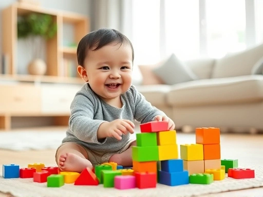 A joyful 24-month-old toddler playing with colorful building blocks on the floor in a bright, cozy living room, showing their cognitive and fine motor development.
