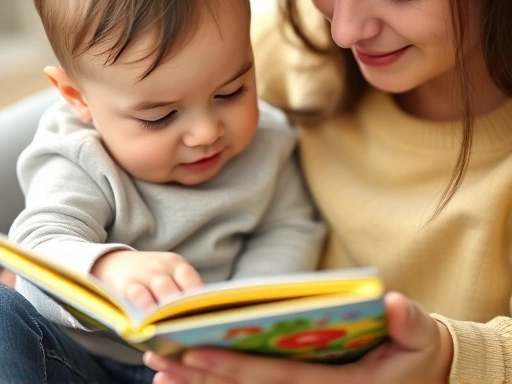 A close-up of a parent and a 24-month-old toddler reading a vibrant picture book together, focusing on their hands and the book, highlighting language and social development.