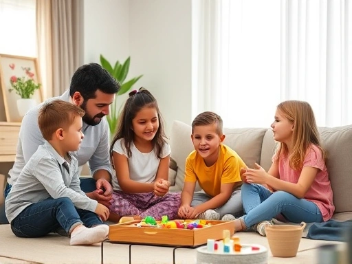 A diverse family with two children (age 3 and 7) and parents, calmly discussing feelings and playing together in a cozy living room, symbolizing harmony and understanding for handling child jealousy.