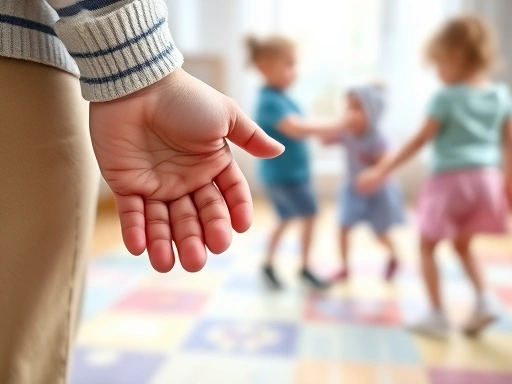 Close-up of a parent's hand gently holding a child's hand, comforting them, with blurred background of siblings playing, focusing on parental support for child jealousy.