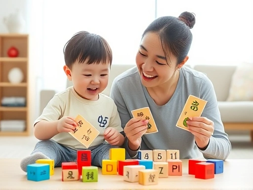 A happy 5-year-old child and a parent engaging in a fun, playful Korean (Hangeul) learning activity with colorful blocks and flashcards in a bright living room.
