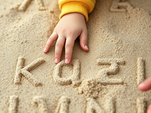 Close-up of a child's hand tracing Korean (Hangeul) letters in sand, with a parent's encouraging hand gently guiding, focusing on sensory learning.