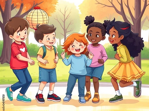 A vibrant illustration of a 5-year-old child happily playing with diverse friends in a park, showing positive peer interaction and communication.