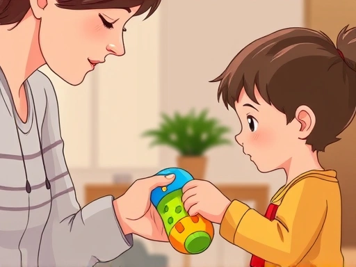 A close-up illustration of a parent gently guiding a 5-year-old child to share a toy with a friend, focusing on emotional understanding and communication.