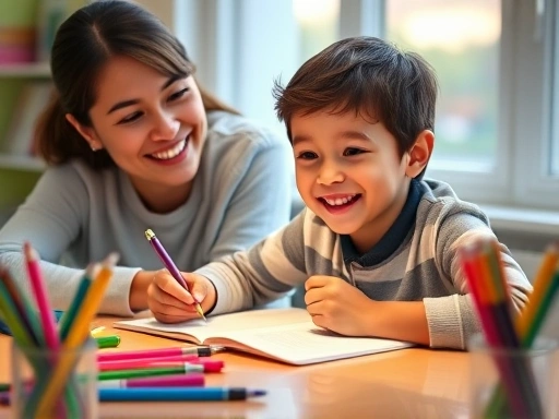 A cheerful 7-year-old child practicing dictation at a brightly lit desk, surrounded by colorful pens and a smiling parent, showing engaged learning for first graders.