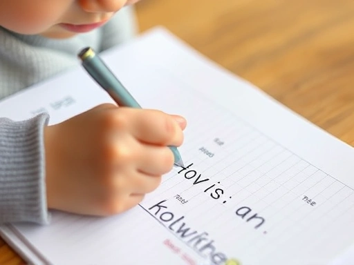 Close-up of a child's hand writing Korean words in a dictation notebook, with a focus on their concentrated expression and neat handwriting, signifying progress in early literacy.