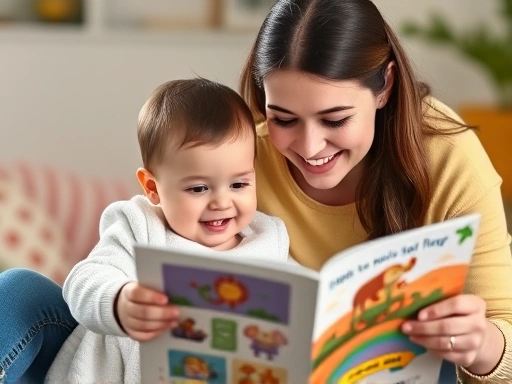 A cheerful baby aged 12-18 months sitting with a parent, looking at a colorful picture book together, both smiling, with a bright, warm light. Focus on interaction and learning.