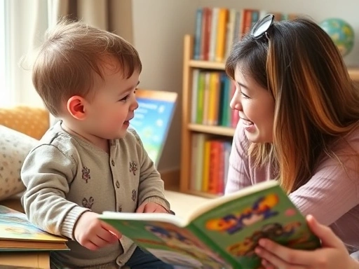A warm and engaging scene of a 30-month-old child actively conversing with a parent, surrounded by colorful books, indicating language development and interaction.