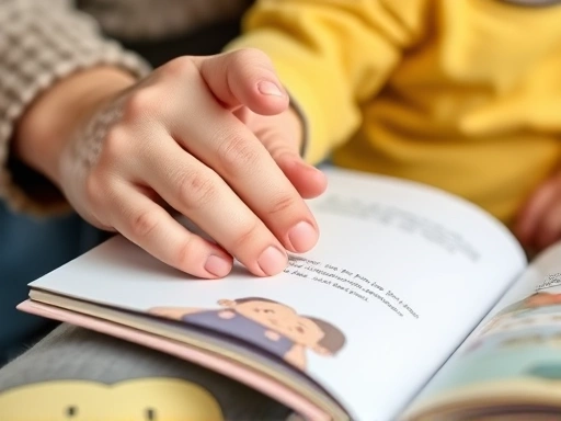 Close-up of a parent's hand gently holding a child's hand while reading a picture book, highlighting language learning through shared activities.