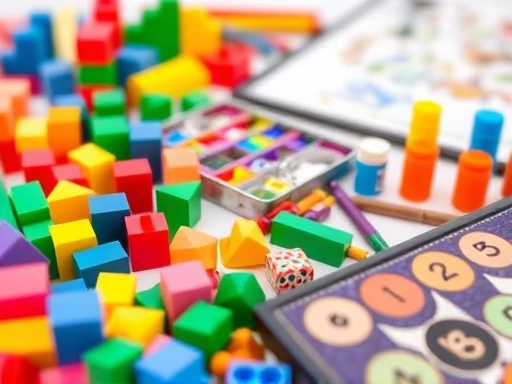 Close-up of a diverse range of non-screen activities for children aged 4-10, such as colorful building blocks, art supplies, and a board game, encouraging alternative engagement.