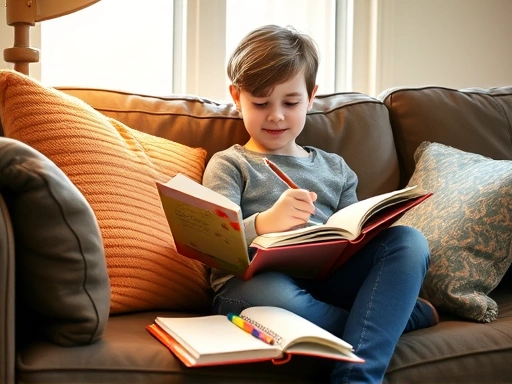 A cozy scene with a 7-10 year old child sitting comfortably on a couch, engrossed in a book, with a notebook and colorful pens nearby, illustrating the joy of reading and preparing for a book report.