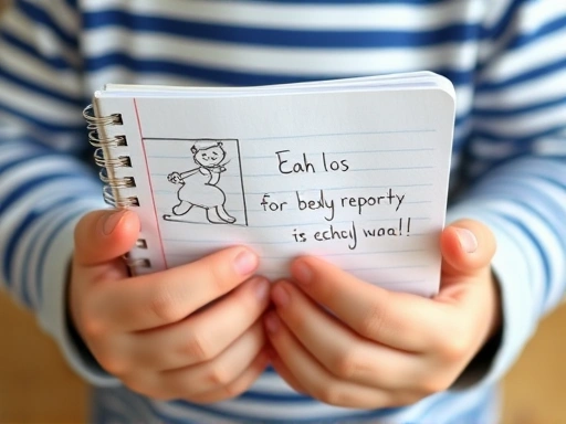 A close-up shot of a child's hands holding a simple notebook with a few drawings and handwritten words, showing the beginning stages of a book report or reading journal, focusing on early writing and creativity.