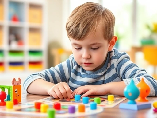 A child (6-10 years old) playing a board game with focus, surrounded by colorful brain-training elements, in a bright, engaging environment.